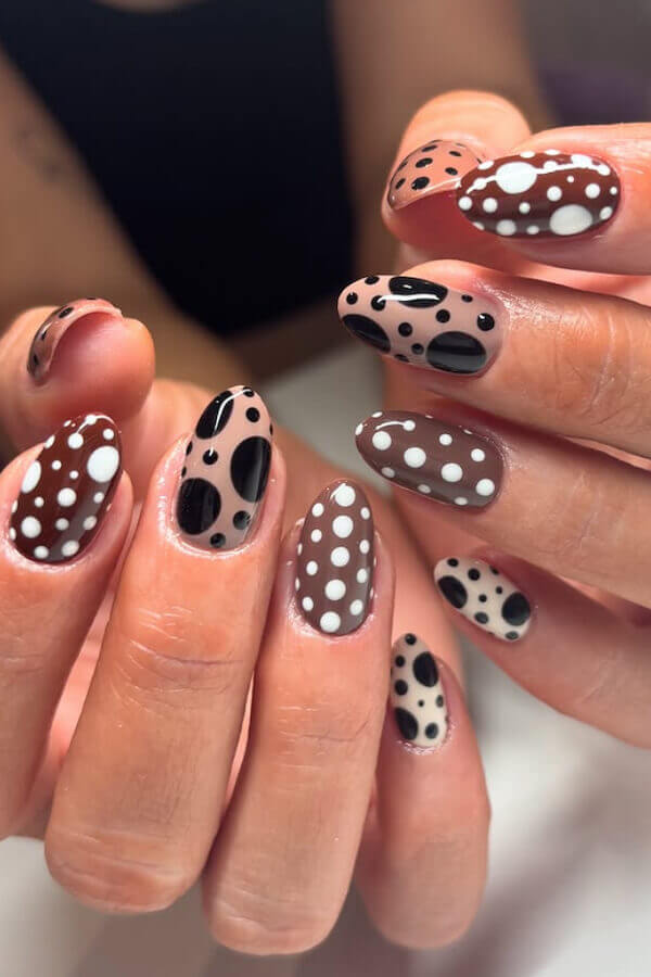 Mixed Brown and Black Polka Dot Nails
