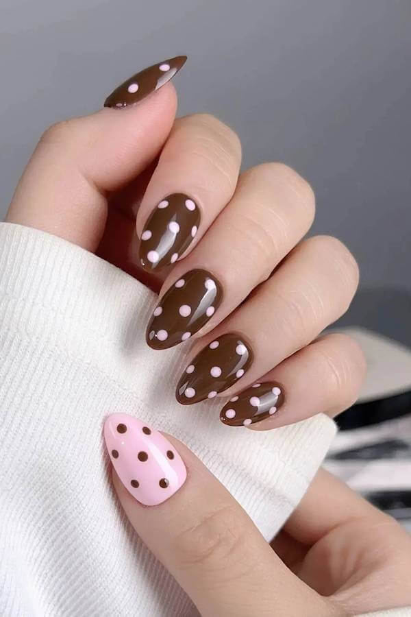Brown Nails with Pink Polka Dots