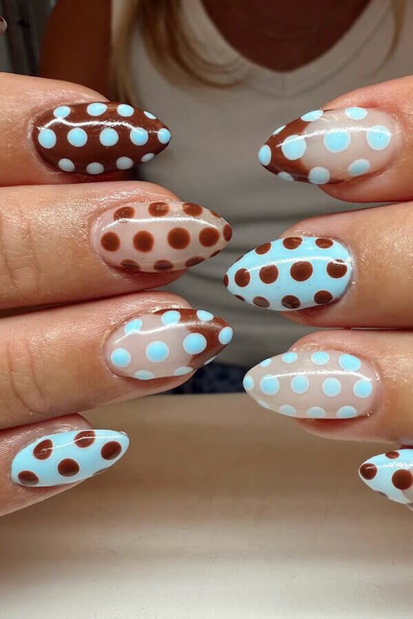 Sky Blue and Brown Polka Dot Nails