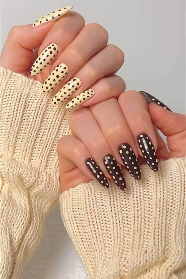 Cream and Brown Polka Dot Nails