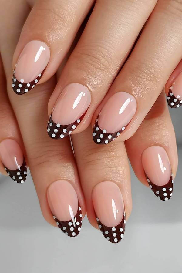 Brown French Tip Polka Dot Nails with Gloss Finish