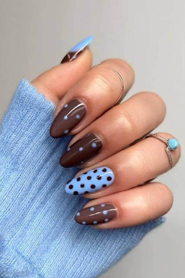 Blue and Brown Polka Dot Accent Nails