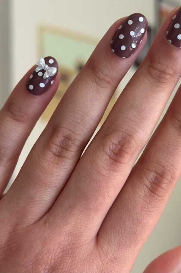 Brown Polka Dot Nails with Bow Charm