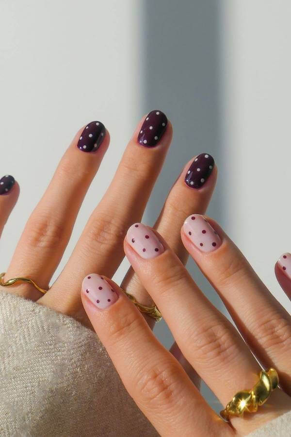 Burgundy and Pink Polka Dot Nails with Nude Base