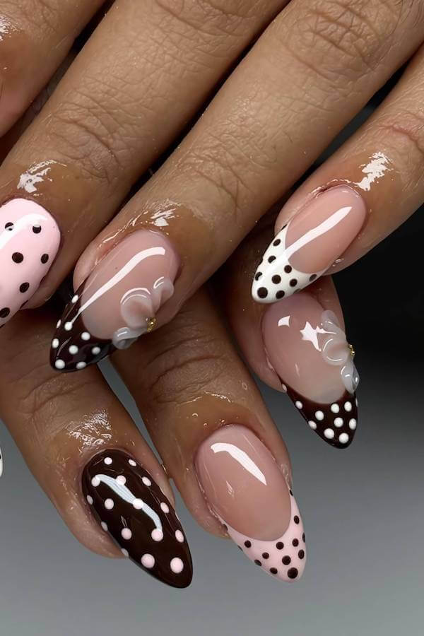 Pink and Brown Polka Dot Floral Nails