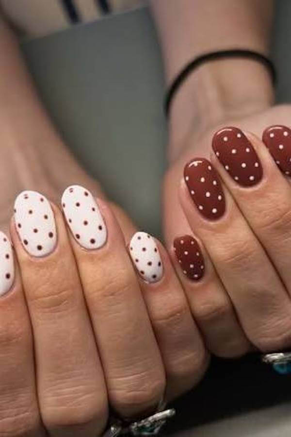 White and Brown Polka Dot Nails