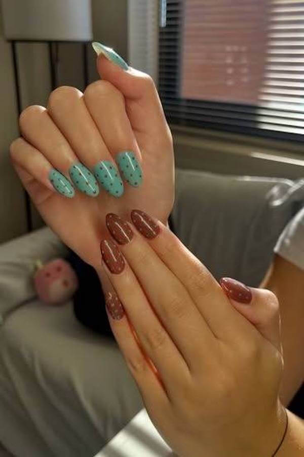 Blue and Brown Polka Dot Nail Design
