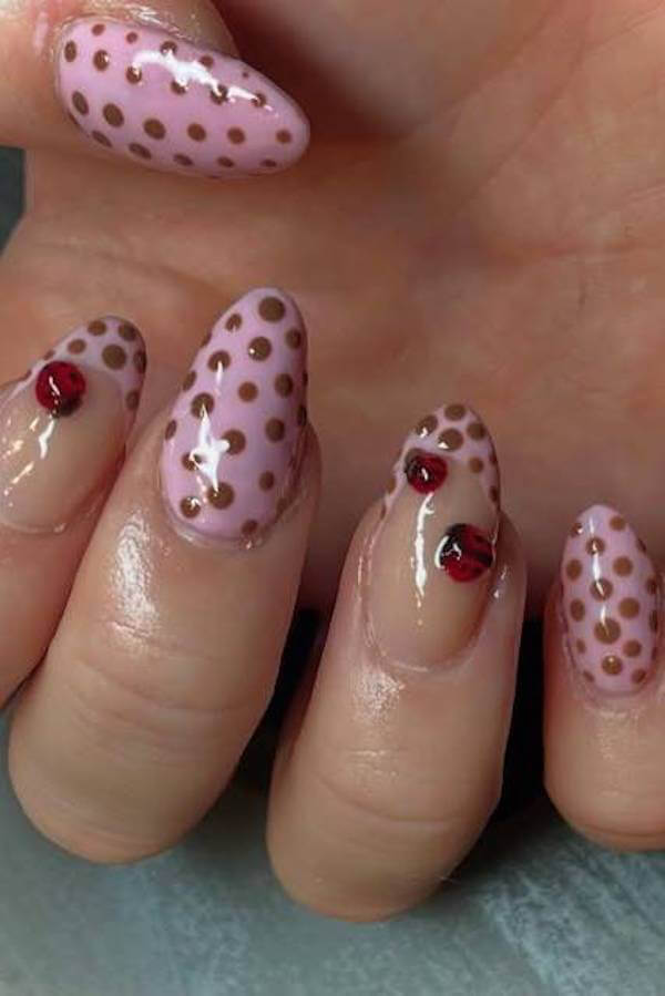 Pink and Brown Polka Dot Nails with Ladybug Accents