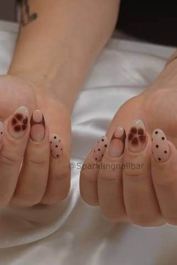 Nude Nails with Brown Polka Dots and Flower Design