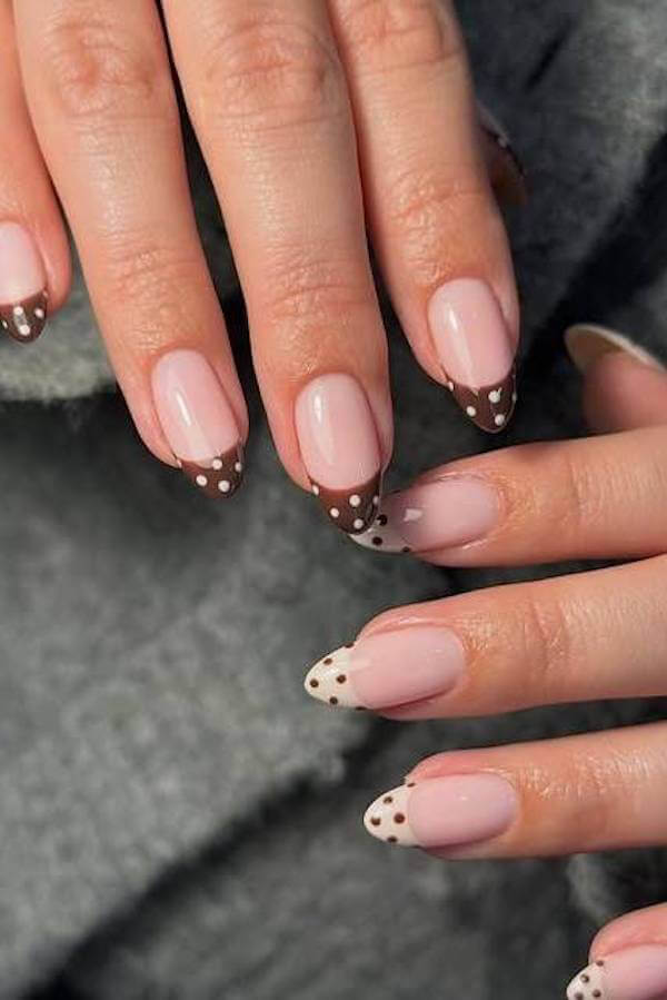 Brown and White Polka Dot French Tips
