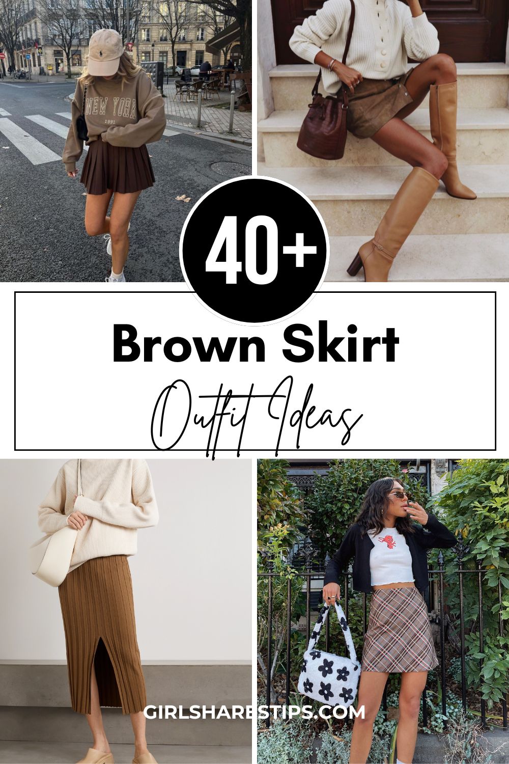 brown skirt outfit ideas collage