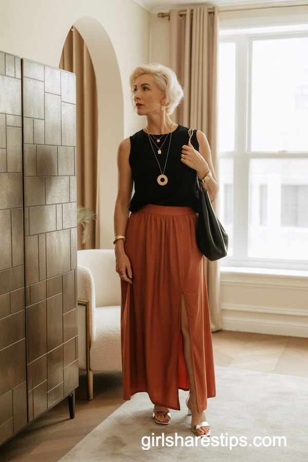 Black Top And Rust Maxi Skirt Chic