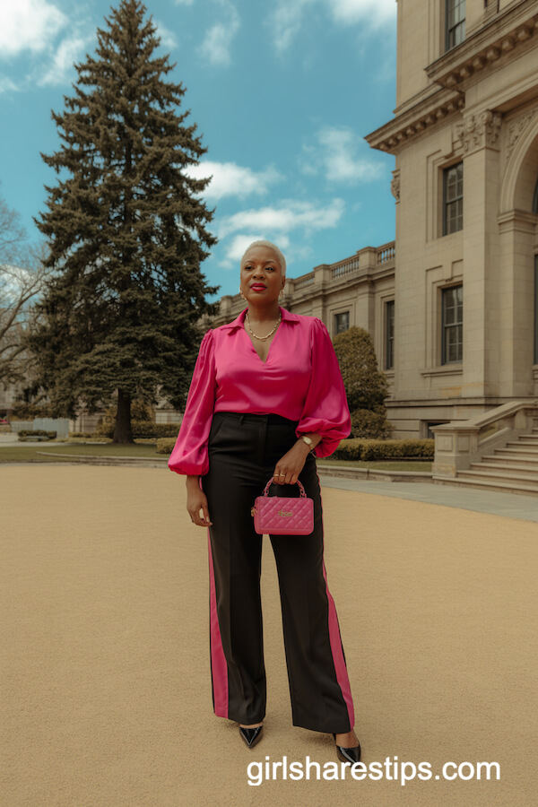 Hot Pink Blouse And Black Wide Leg Pants