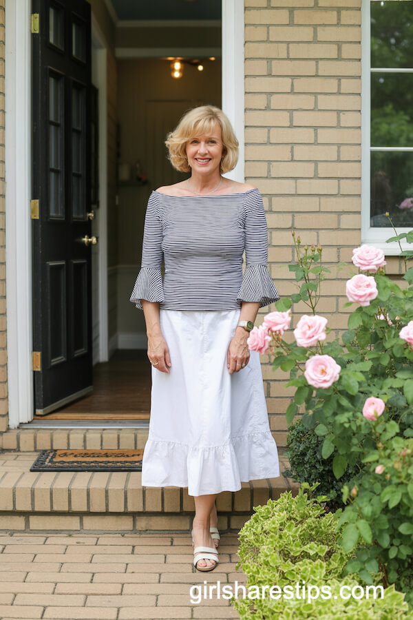 Striped Off Shoulder Top And White Skirt