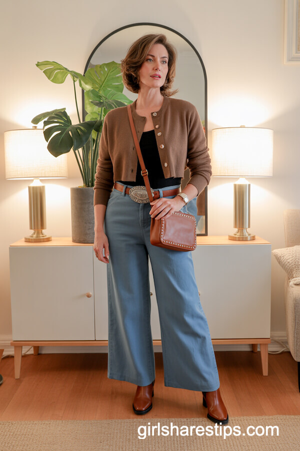 Brown Cardigan And Light Blue Denim Pants