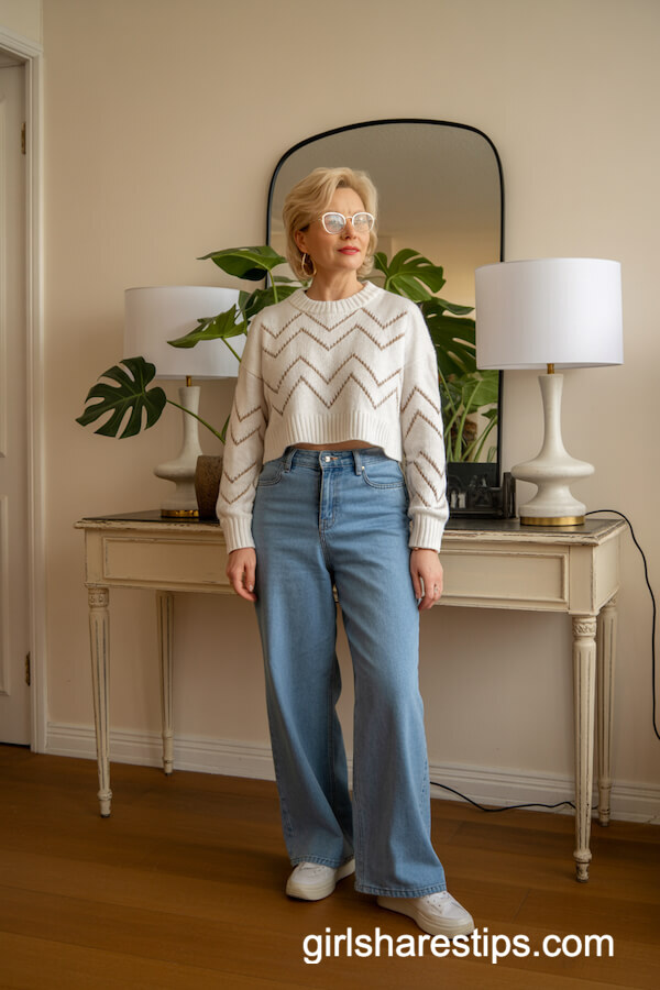 White Cropped Sweater And Wide Leg Jeans