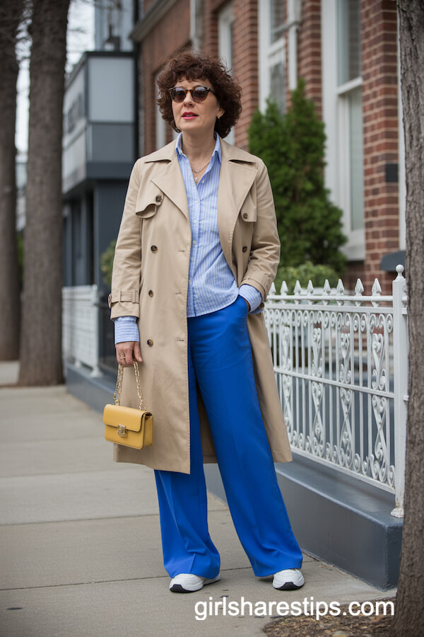 Trench Coat And Royal Blue Wide Leg Trousers