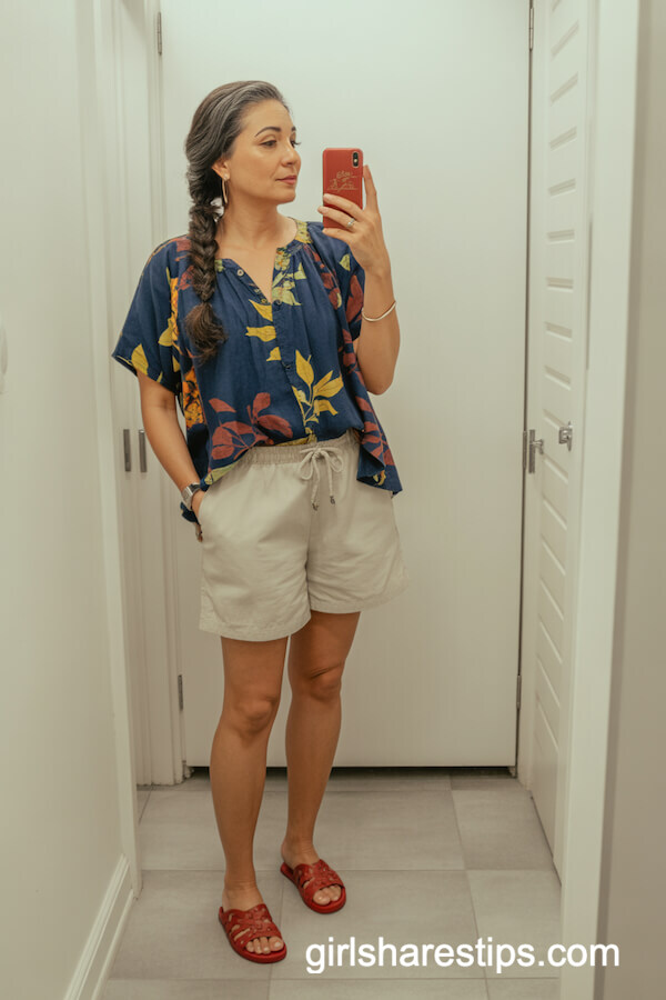 Navy Floral Top And Cream Drawstring Shorts