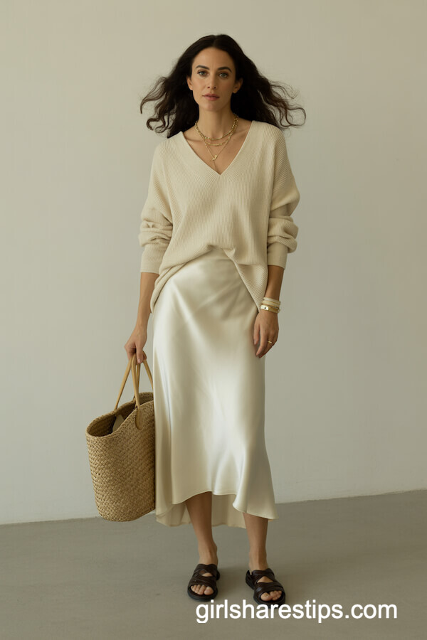 Cream Sweater And White Silk Midi Skirt