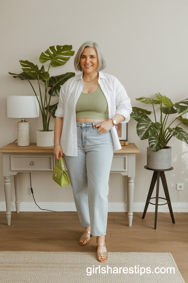 Sage Green Crop Top And Layered Shirt With Jeans