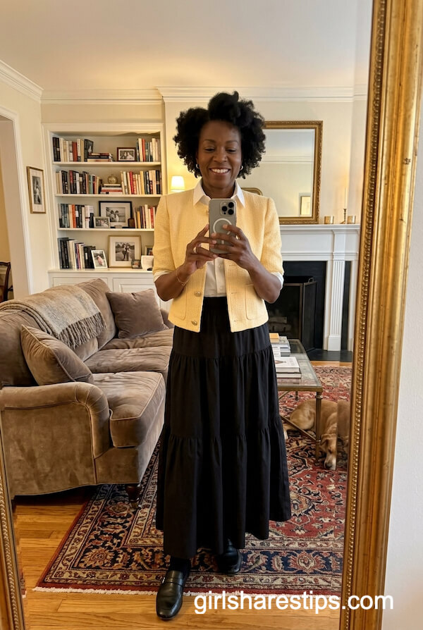 Cream Short Jacket And Black Maxi Skirt