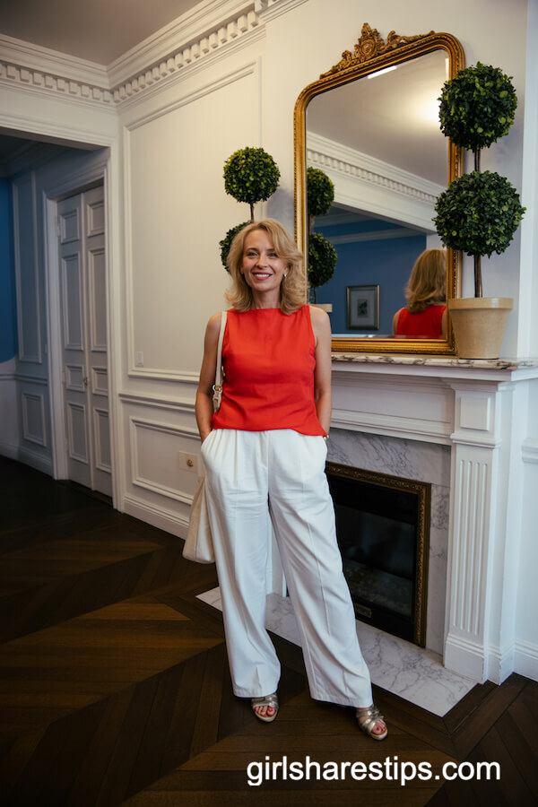 Red Top And White Wide Leg Trousers