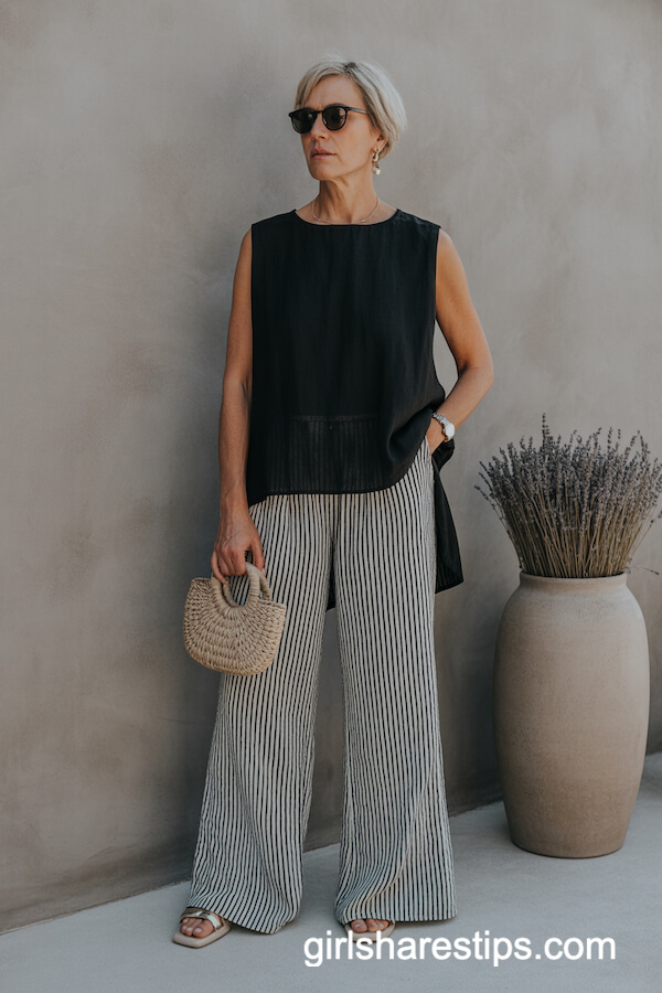 Black Top And Black White Striped Pants