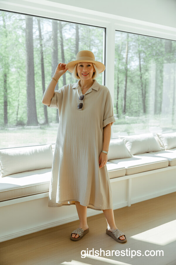 Beige Linen Midi Dress And Sun Hat