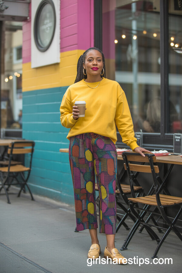 Patterned trousers with yellow sweater