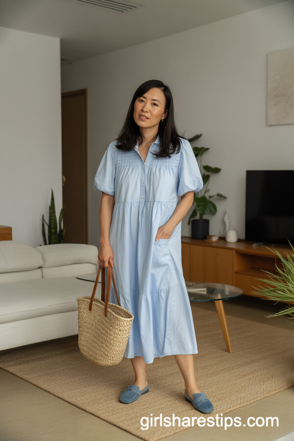 Blue summer dress with denim shoes