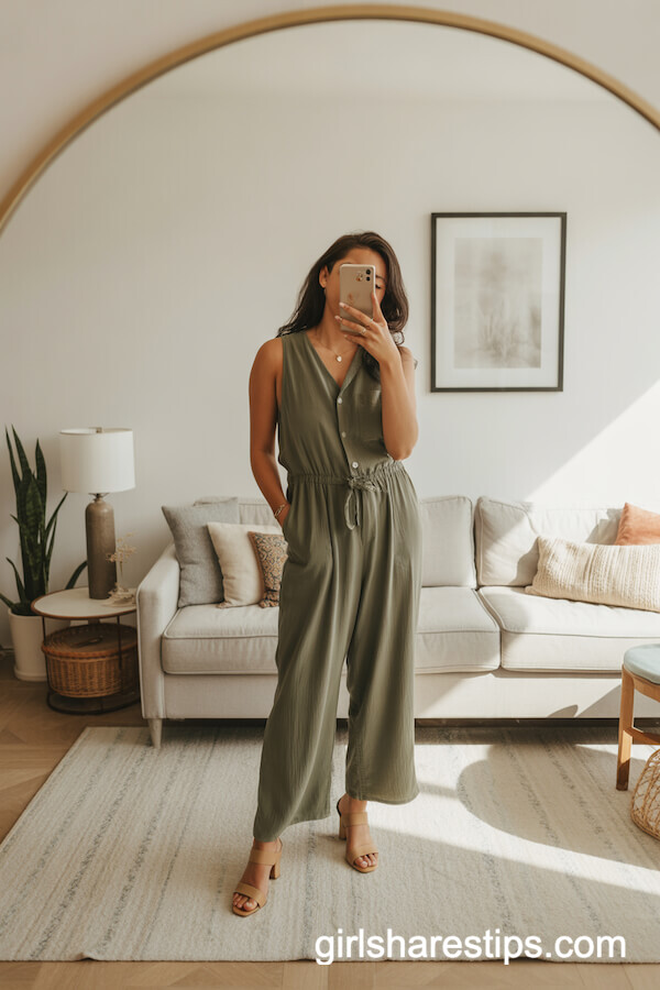Olive jumpsuit with heeled sandals