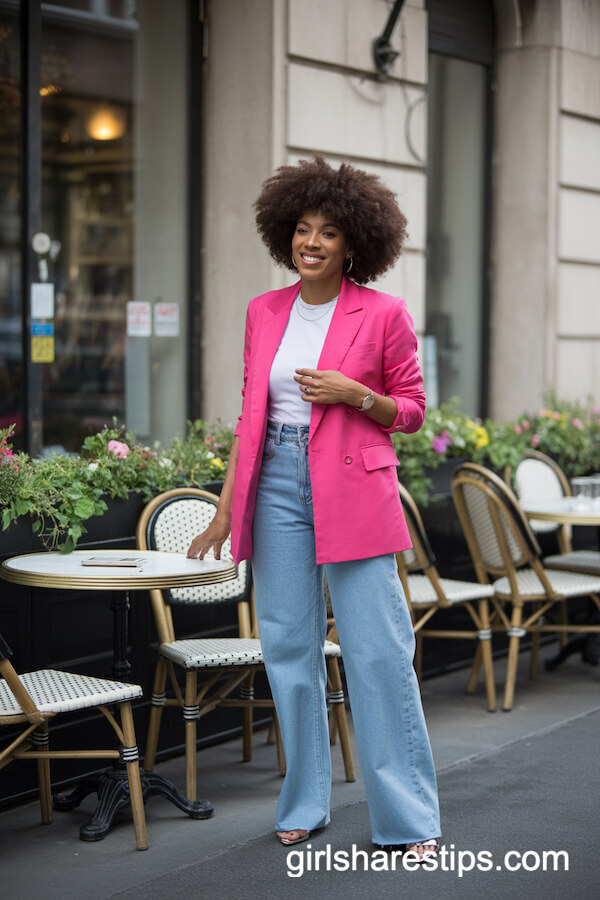 Pink blazer with white tee