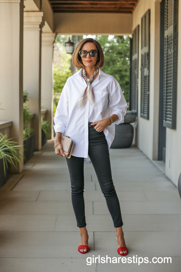 White button-up with black jeans