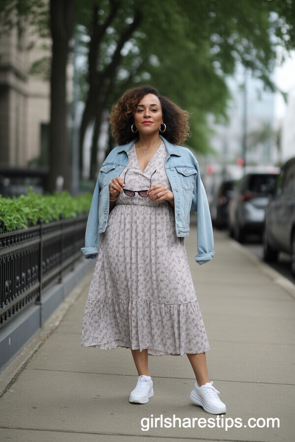 Floral midi dress with denim jacket