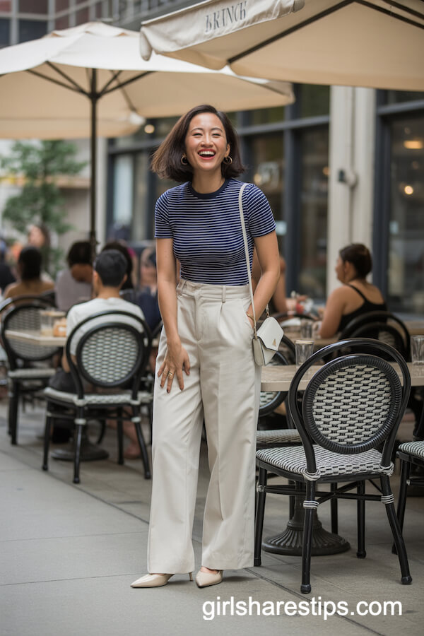 Cream trousers with striped tee