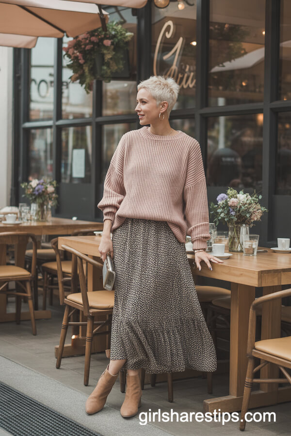 Printed maxi skirt with pink sweater
