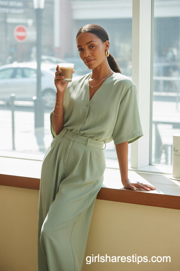Sage pants with matching blouse
