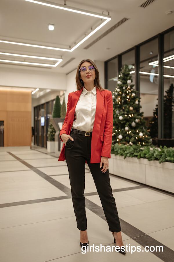 Red Blazer and Black Trousers Ensemble