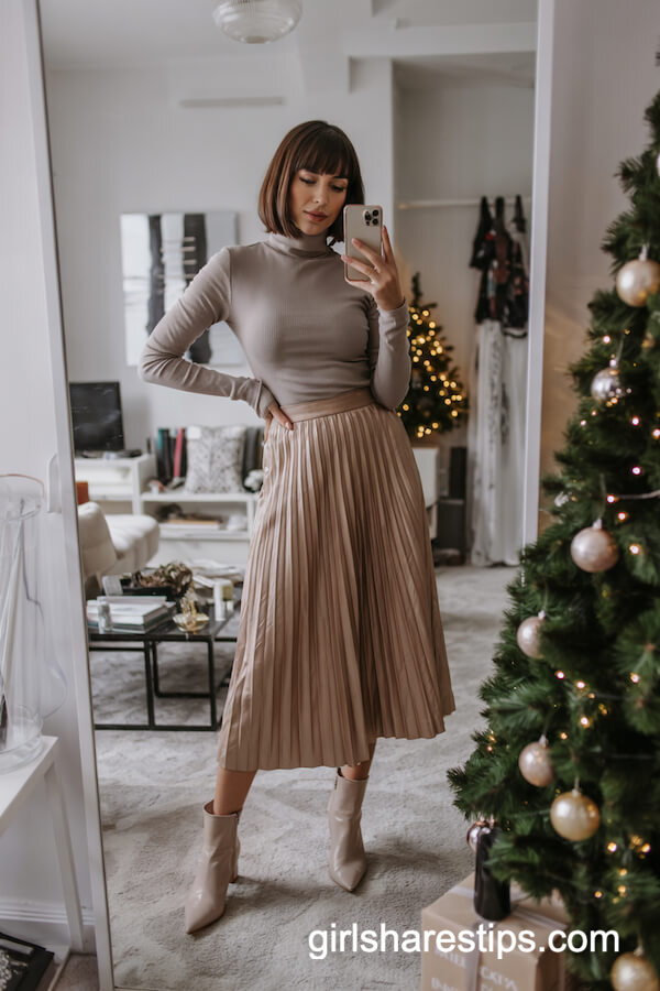 Metallic Skirt and Taupe Turtleneck Style