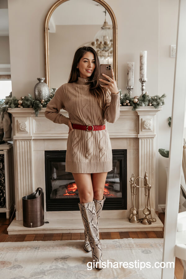 Knit Sweater Dress and Snakeskin Boots
