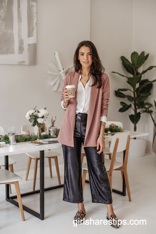 Rose Blazer and Sequin Cropped Pants Mix