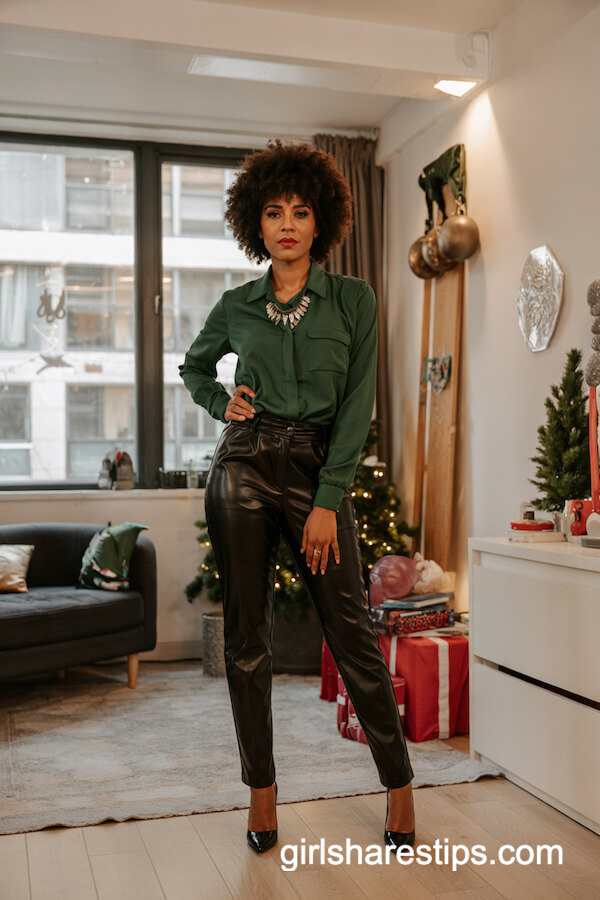 Forest Green Blouse with Faux Leather Pants