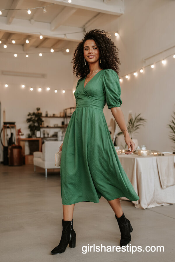 Emerald Midi Dress with Ankle Boots