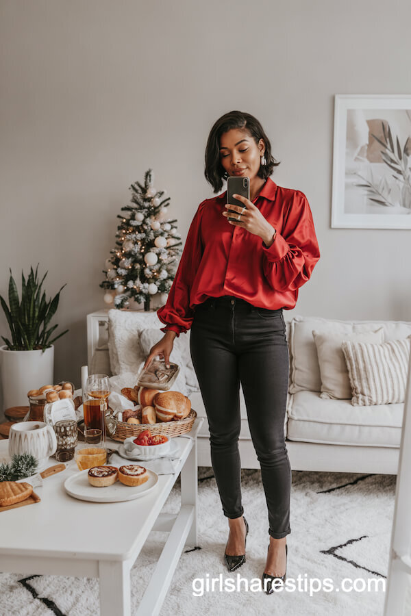 Red Statement Sleeve and Skinny Jeans Look