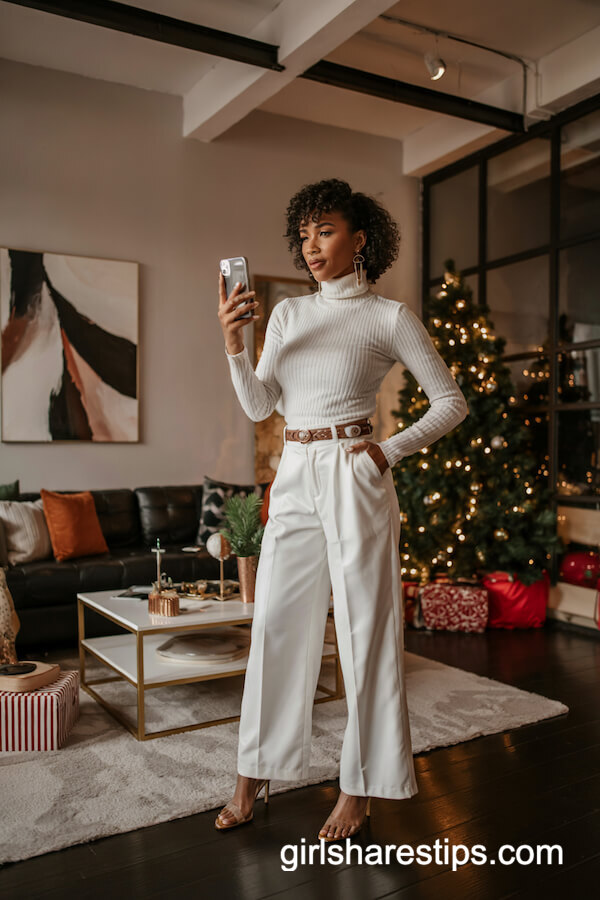 All-White Turtleneck and Trousers Outfit