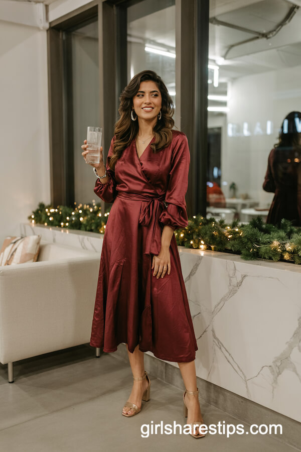 Burgundy Wrap Dress with Nude Heels
