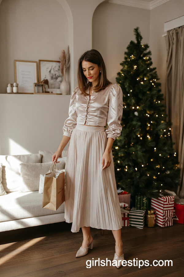 Blush Satin Blouse and Pleated Skirt