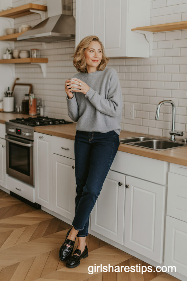 Soft Gray Cashmere Sweater Slim Jeans