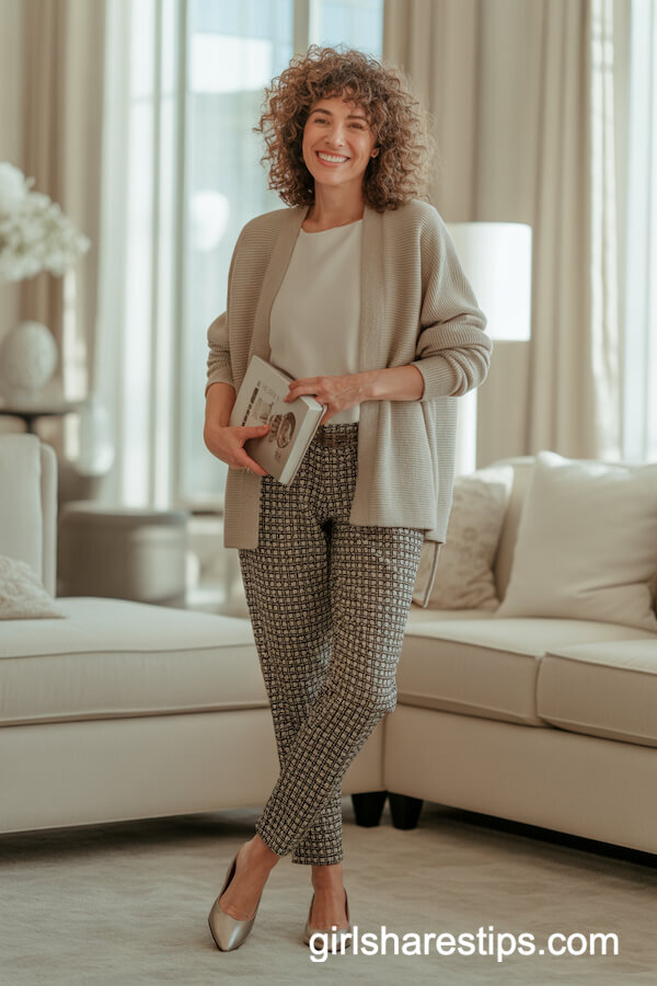 Beige Cardigan and Printed Ankle Pants
