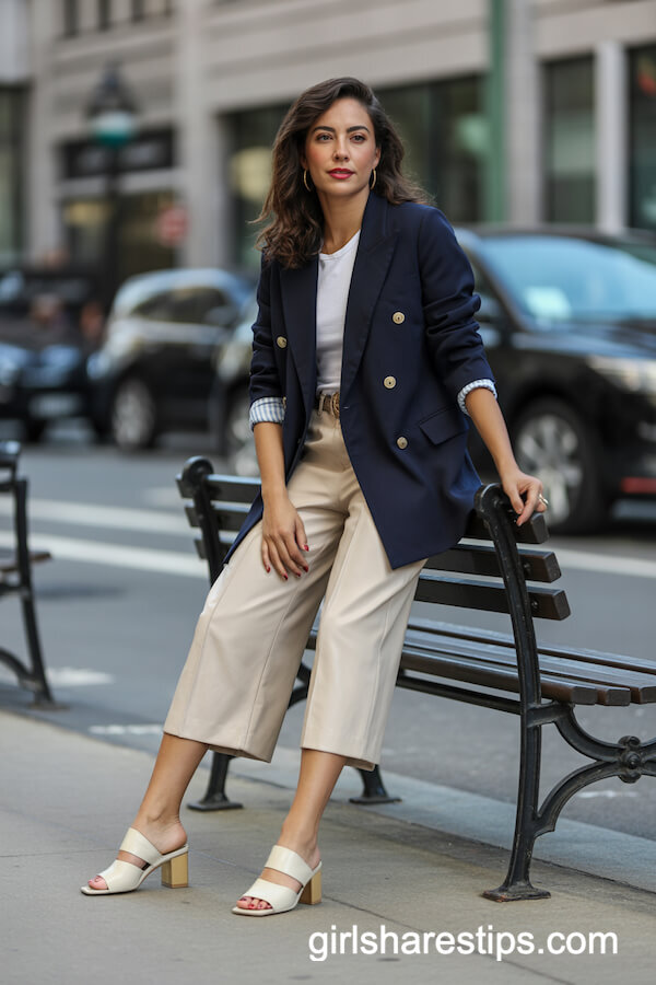 Double-Breasted Navy Blazer and Culottes